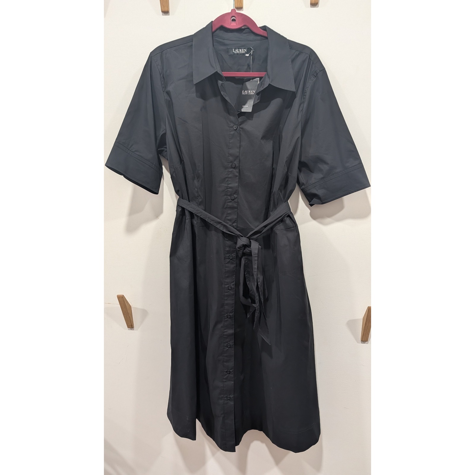 Ralph Lauren Woman Black Cotton Blend Belted Shirt Dress 16w Nwt Black Label